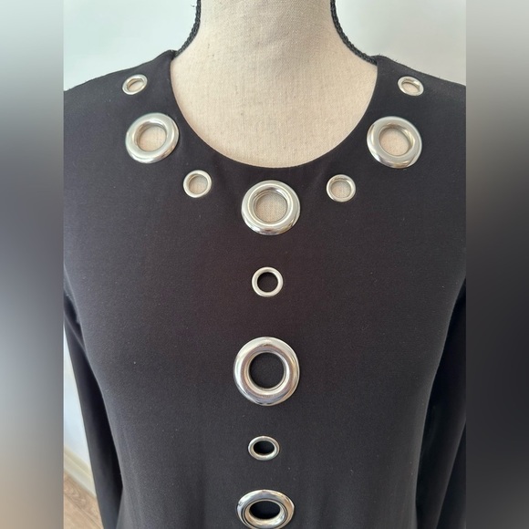 VTG Joseph Ribkoff Fit and Flare Black Dress Midi Metal Circle Detail on Front 8 - Picture 2 of 10